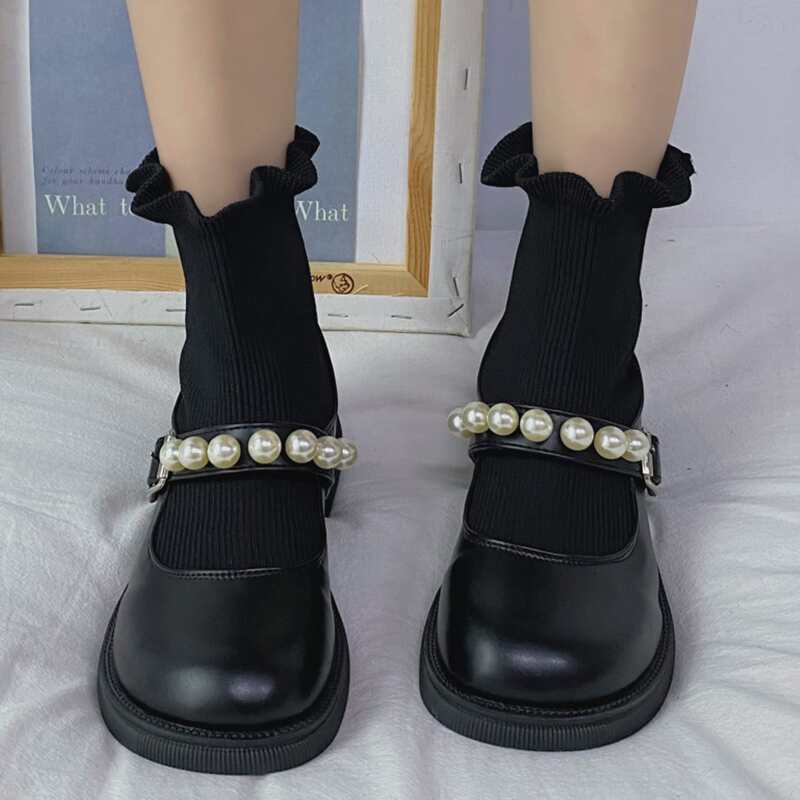 

Faux Pearl Decor Sock Boots, Black