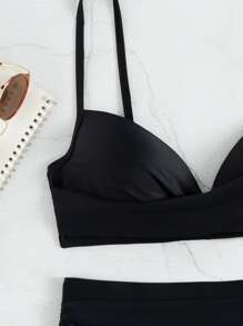 SHEIN Swim Summer Beach Ruched Push Up High Waisted Bikini - Black - View 4