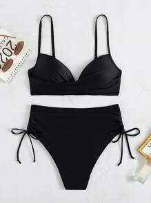 SHEIN Swim Summer Beach Ruched Push Up High Waisted Bikini - Black - View 3