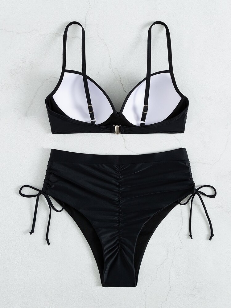 SHEIN Swim Summer Beach Ruched Push Up High Waisted Bikini - Black - View 6