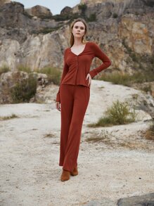 SHEIN Ribbed Knit Split Sleeve Jacket & Flare Leg Pants - Rust Brown - View 3