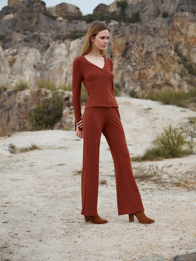 SHEIN Ribbed Knit Split Sleeve Jacket & Flare Leg Pants - Rust Brown - View 4