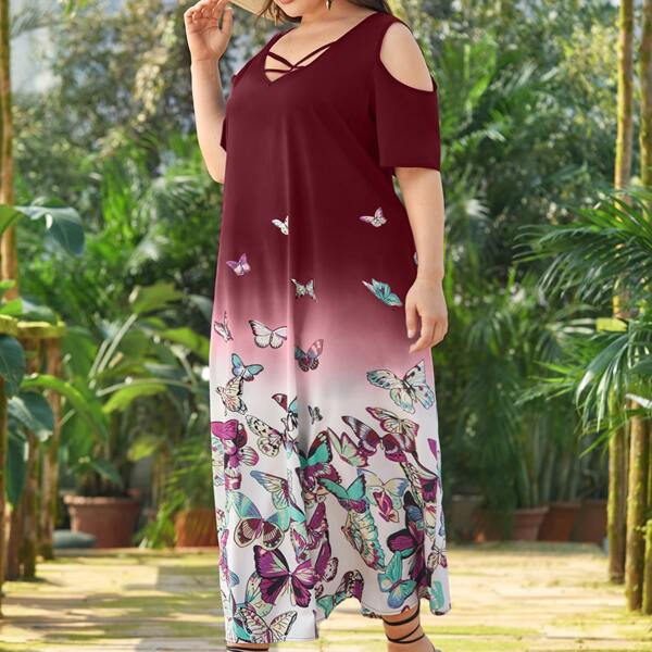 

Plus Butterfly Print Cold Shoulder Dress, Multicolor
