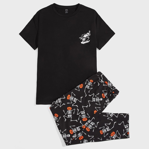 

Men Skeleton Print Tee & Pants Lounge Set, Multicolor