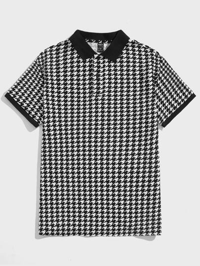 Manfinity BRENVOR 男士千鸟格印花撞色领 Polo 衫，适合送给男朋友的礼物，外出