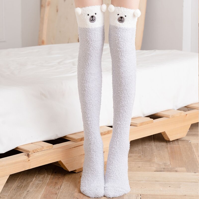 

Fluffy Cartoon Bear Over The Knee Socks, Grey