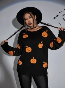 SHEIN Plus Halloween Pumpkin Pattern Drop Shoulder Jumper - Black - View 3