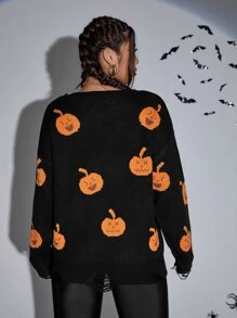 SHEIN Plus Halloween Pumpkin Pattern Drop Shoulder Jumper - Black - View 4