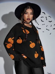 SHEIN Plus Halloween Pumpkin Pattern Drop Shoulder Jumper - Black - View 5