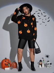 SHEIN Plus Halloween Pumpkin Pattern Drop Shoulder Jumper - Black - View 1