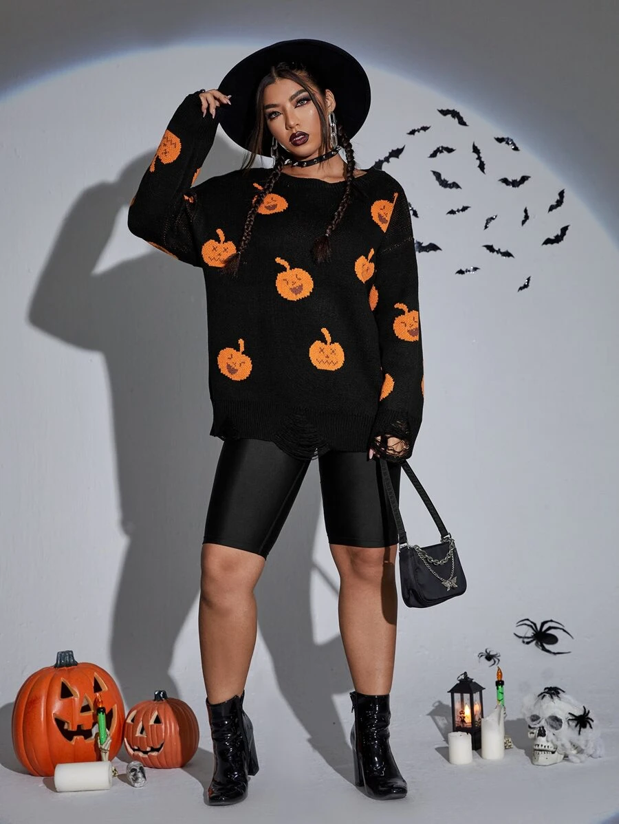 SHEIN Plus Halloween Pumpkin Pattern Drop Shoulder Jumper - Black - View 1
