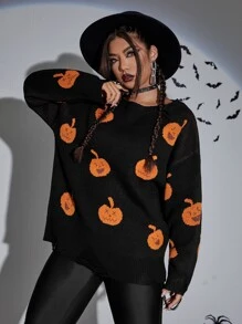 SHEIN Plus Halloween Pumpkin Pattern Drop Shoulder Jumper - Black - View 2