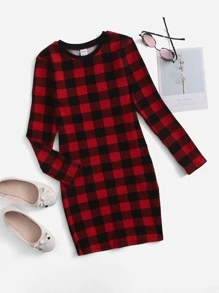 SHEIN 女孩格紋圖案圓領連衣裙 - 彩色 - 查看 1