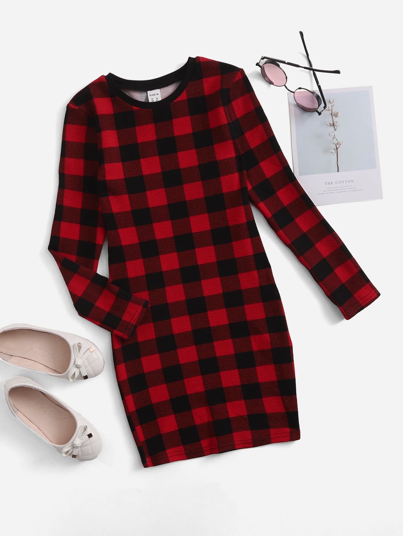 SHEIN 女孩格紋圖案圓領連衣裙 - 彩色 - 查看 1