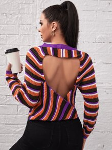 SHEIN Unity 条纹图案露背针织套头衫，秋冬款 - 彩色 - 查看 1