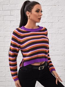 SHEIN Unity 条纹图案露背针织套头衫，秋冬款 - 彩色 - 查看 3