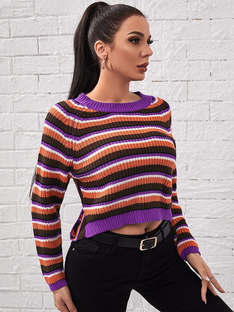 SHEIN Unity 条纹图案露背针织套头衫，秋冬款 - 彩色 - 查看 3