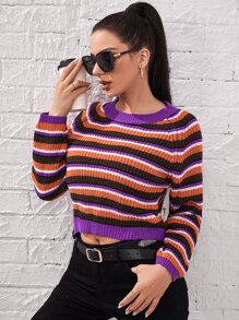 SHEIN Unity 条纹图案露背针织套头衫，秋冬款 - 彩色 - 查看 5