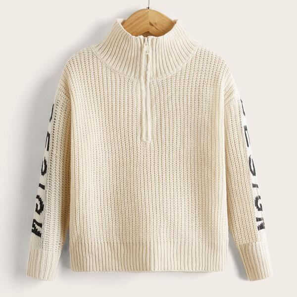 

Toddler Girls Half Zip Drop Shoulder Letter Pattern Sweater, Apricot