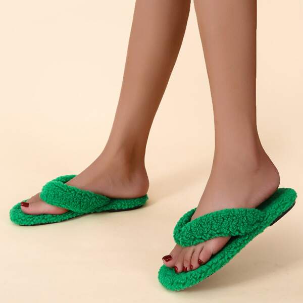 

Minimalist Fluffy Thong Bedroom Slippers, Green