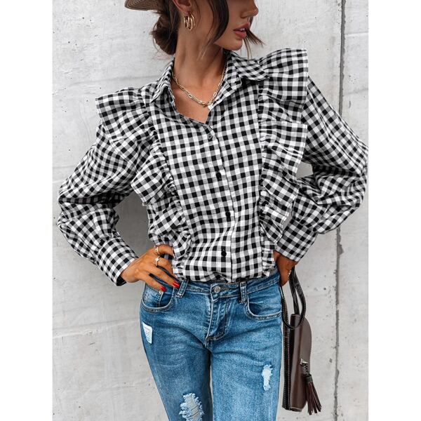 

Ruffle Trim Gingham Blouse, Black and white