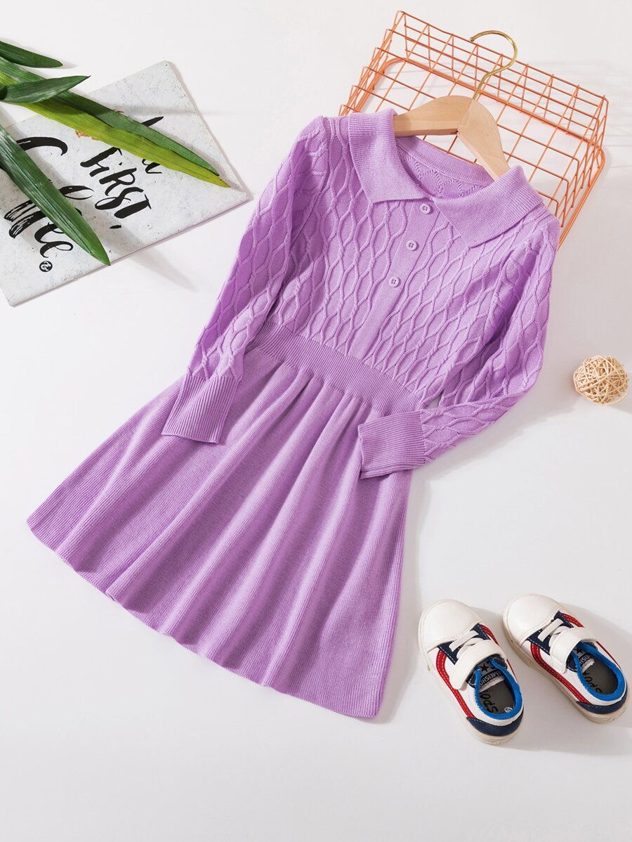 小女童麻花編織假鈕扣套頭毛衣 - 紫色 - 查看 1