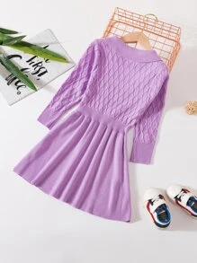 小女童麻花編織假鈕扣套頭毛衣 - 紫色 - 查看 2