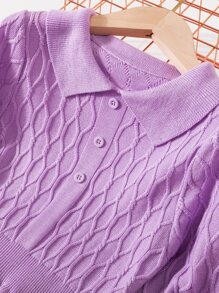 小女童麻花編織假鈕扣套頭毛衣 - 紫色 - 查看 3