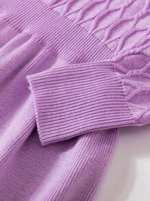 小女童麻花編織假鈕扣套頭毛衣 - 紫色 - 查看 4