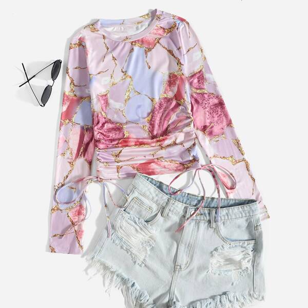 

Marble Print Drawstring Side Tee, Pink