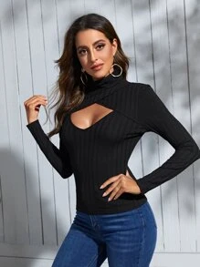 SHEIN Privé Áo thun nữ Cắt ra Gân đan màu trơn Gợi cảm - màu đen - Xem 3
