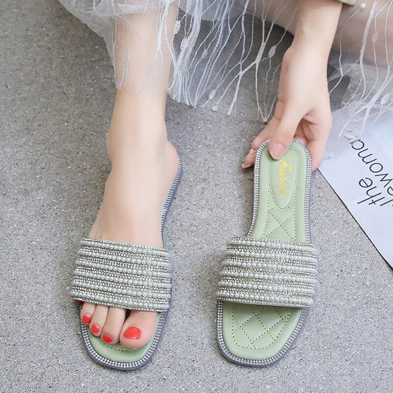 

Faux Pearl Decor Flat Sandals, Green