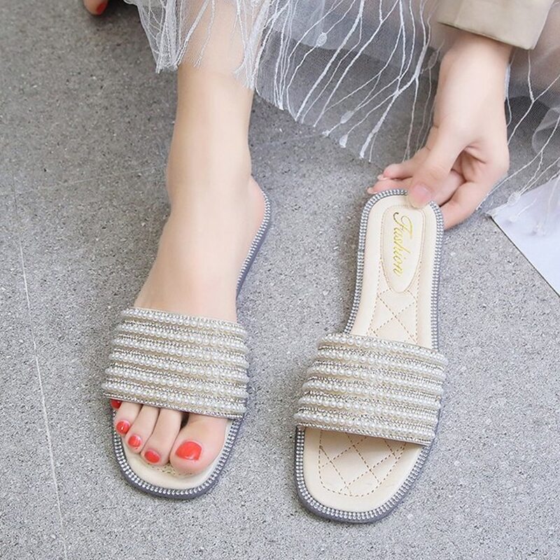 

Faux Pearl Decor Flat Sandals, Beige