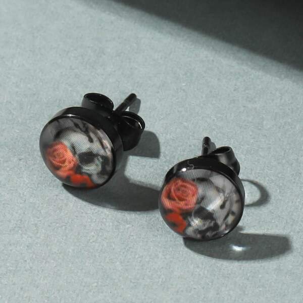 

Men Flower & Skull Detail Stud Earrings, Multicolor