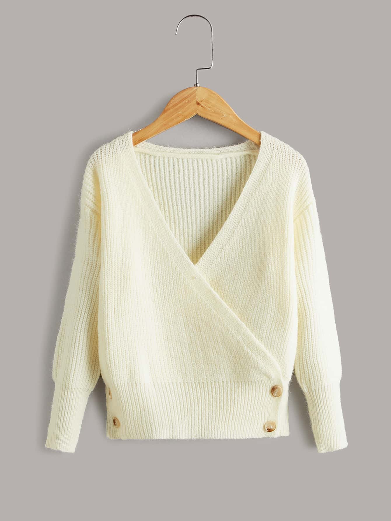 女孩圍裹胸襟紐扣細節套頭毛衣 - 米色 - 查看 1