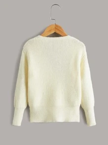 女孩圍裹胸襟紐扣細節套頭毛衣 - 米色 - 查看 2