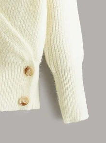 女孩圍裹胸襟紐扣細節套頭毛衣 - 米色 - 查看 3