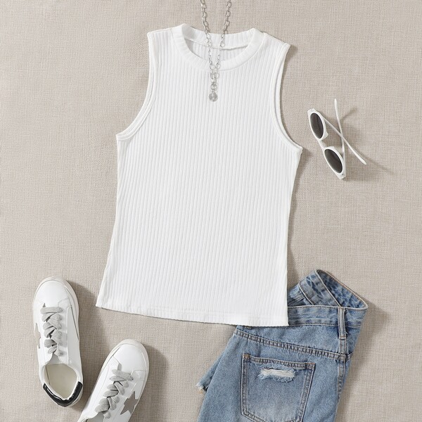 

Rib-knit Solid Tank Top, White