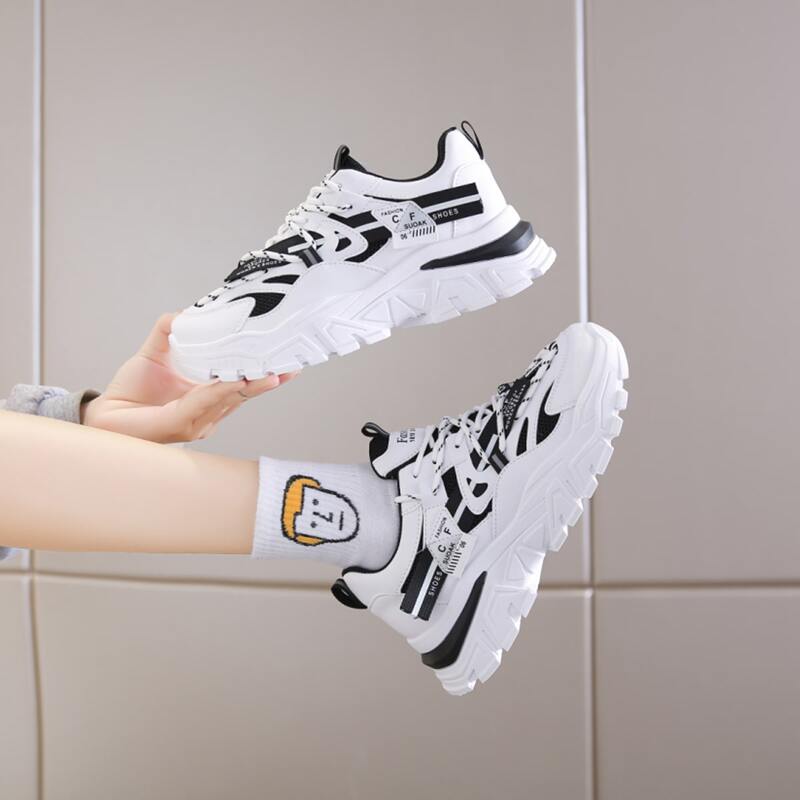 

Colorblock Lace-up Front Chunky Sneakers, Black and white
