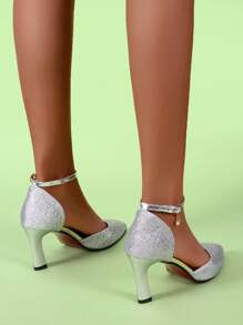 通體亮片裝飾踝帶高跟鞋 - 銀色 - 查看 3