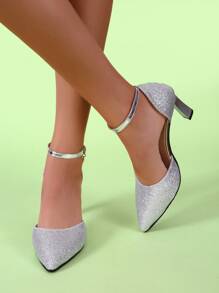 通體亮片裝飾踝帶高跟鞋 - 銀色 - 查看 5