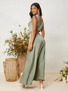SHEIN Belle Vestido con abertura sin manga fruncido - Verde - Ver 2