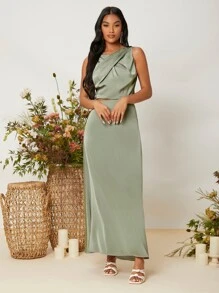 SHEIN Belle Vestido con abertura sin manga fruncido - Verde - Ver 3