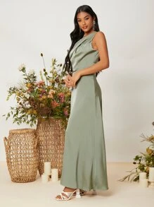 SHEIN Belle Vestido con abertura sin manga fruncido - Verde - Ver 4