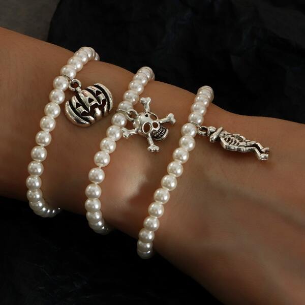 

3pcs Halloween Pumpkin & Skull Charm Bracelet, Multicolor