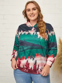 Plus Landscape Print Hooded Sweatshirt