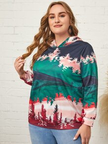 Plus Landscape Print Hooded Sweatshirt