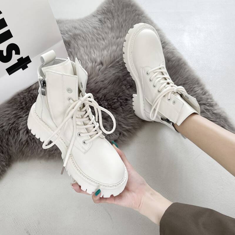 

Side Zip Lace Up Front Combat Boots, Beige