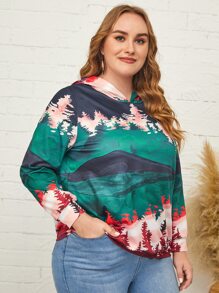 Plus Landscape Print Hooded Sweatshirt