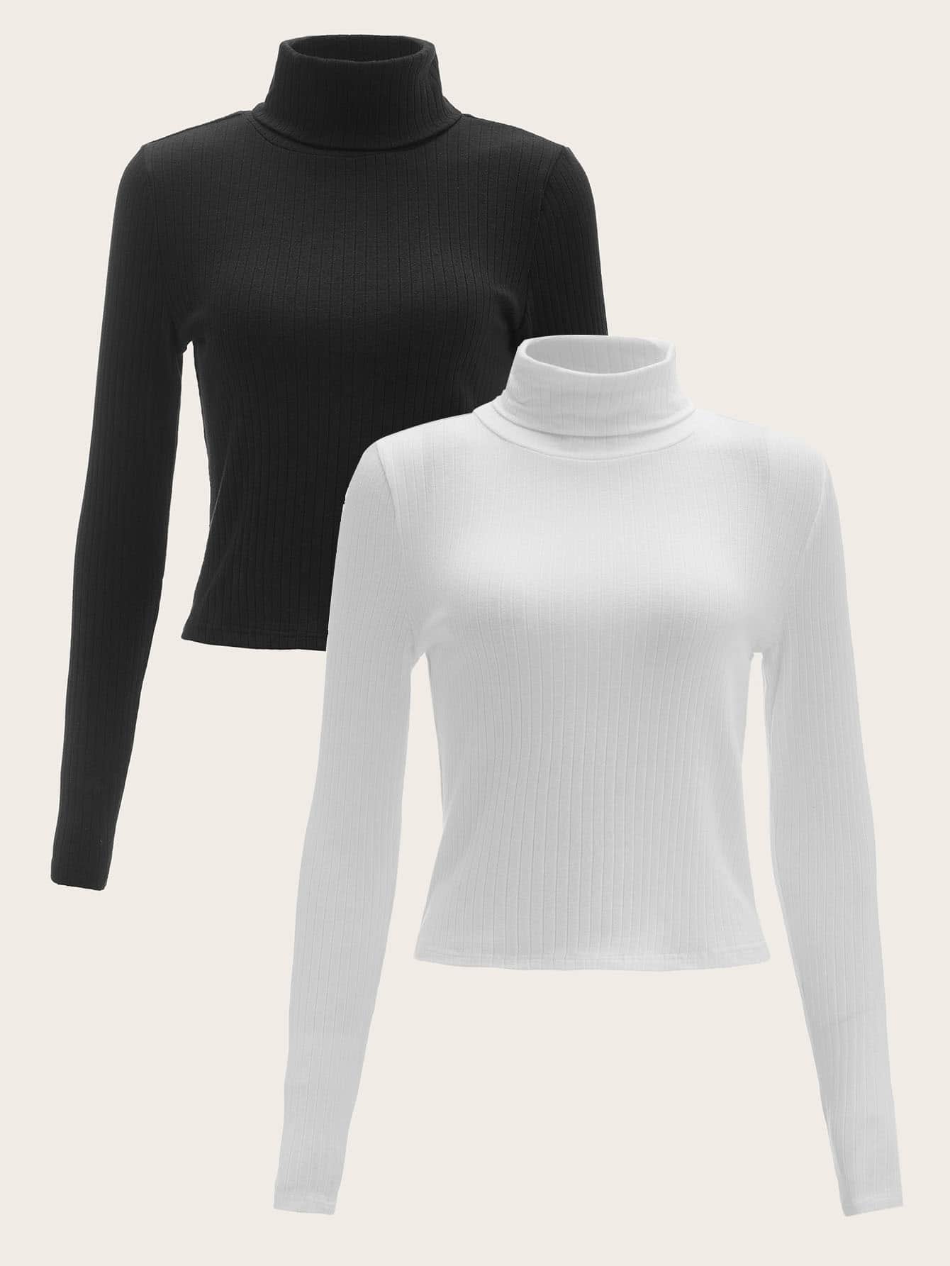 SHEIN EZwear 2pcs High Neck Rib Knit Tee - Black and White - View 1